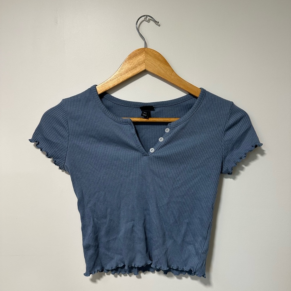 Blue Ribbed Button-Detail Top